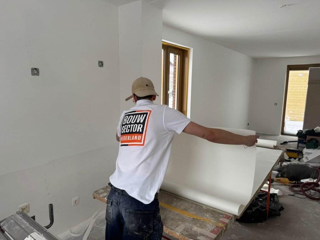 Vakman van Bouwsector Nederland brengt een baan behang aan in een nieuwbouwwoning