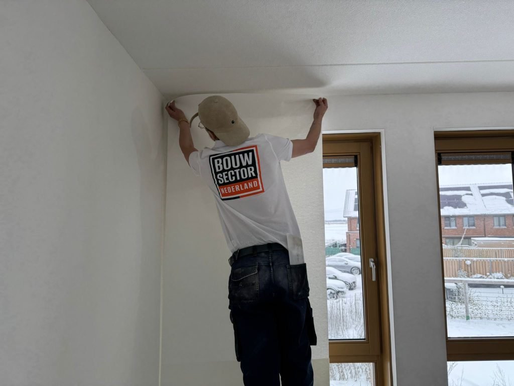 Behanger drukt een baan tegen de wand onder een wit plafond